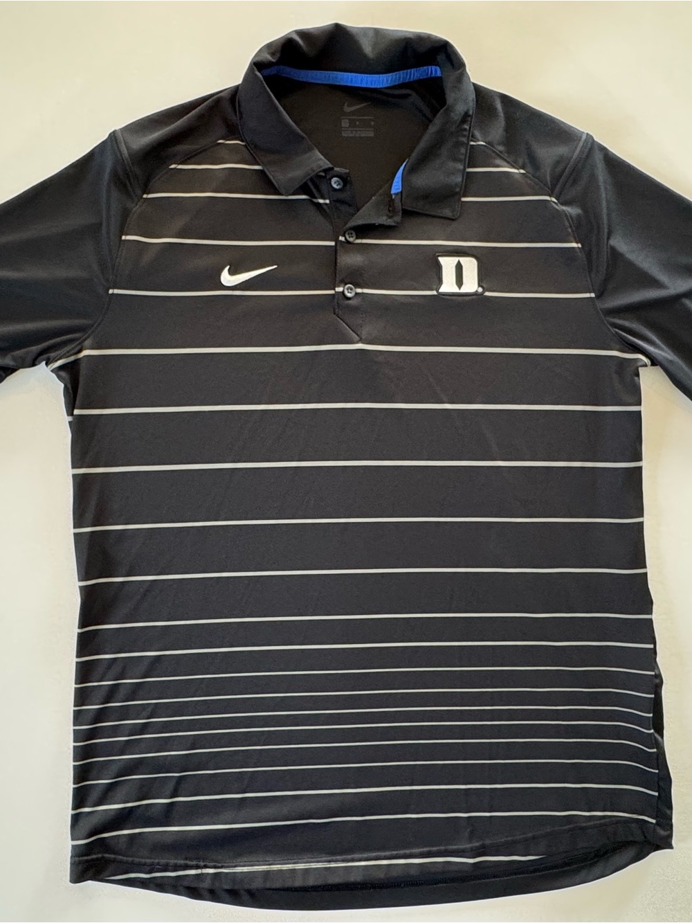 Nike Men’s Black Polo with White Pinstripes and Duke Logo